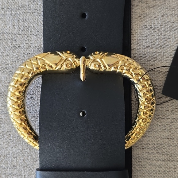 Martina Mori OS Stretch Black Genuine Leather Belt, Lunar New Year Snake Buckle - Picture 3 of 8